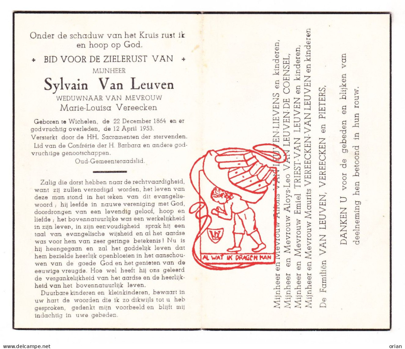 DP Sylvain Van Leuven ° Wichelen 1864 † 1953 X Marie Louisa Vereecken // Lievens De Coensel Triest Pieters - Devotion Images