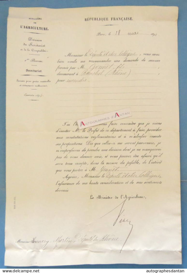 ● Docteur Albert VIGER Ministre De L'Agriculture - Lettre 1894 - Né à Jargeau (Loiret) - Lettre Au Député Sonnery Martin - Politiques & Militaires