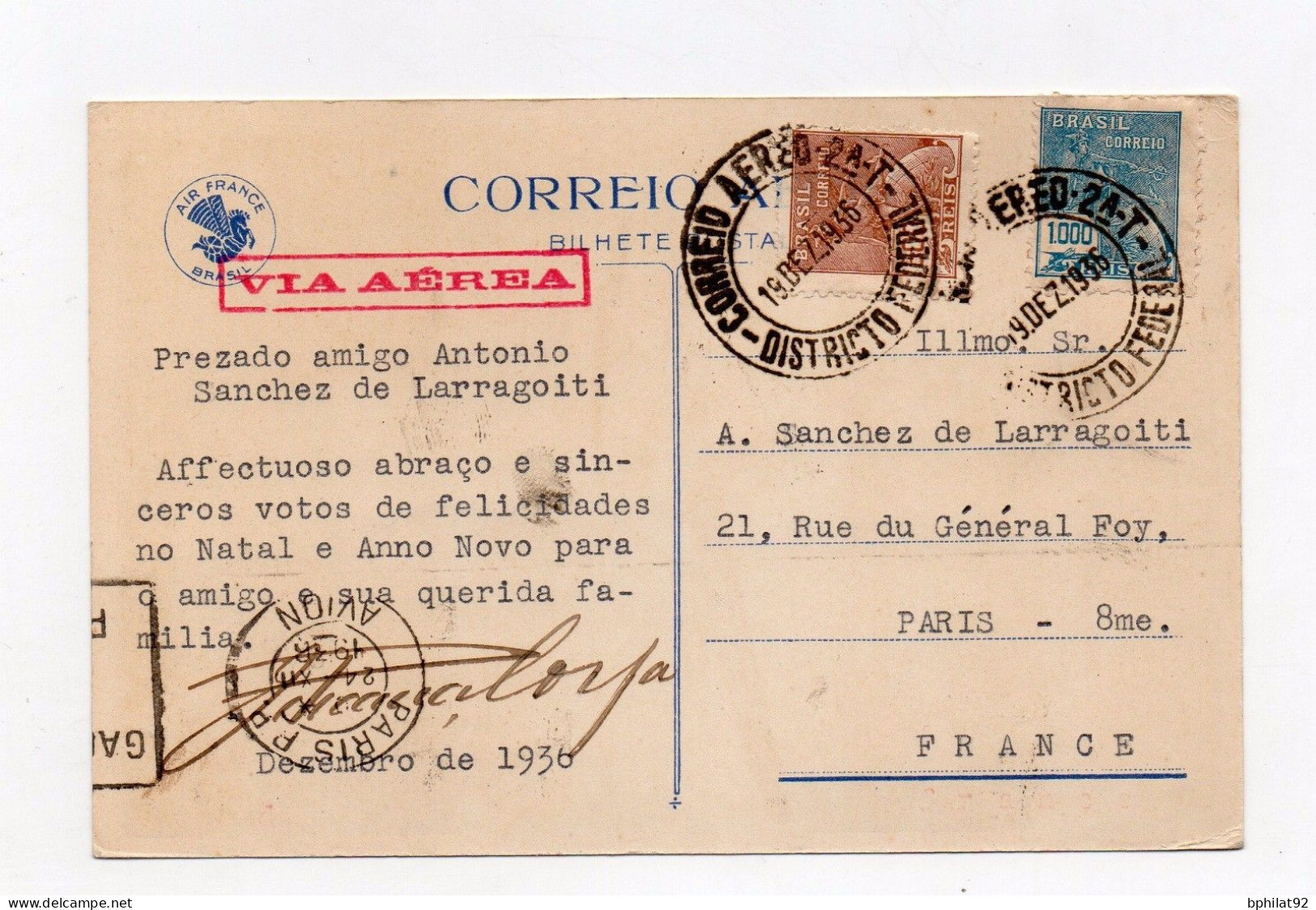 !!! CARTE AIR FRANCE PAR AVION DU BRESIL POUR LA FRANCE DU 19/12/1936 - 1927-1959 Cartas & Documentos