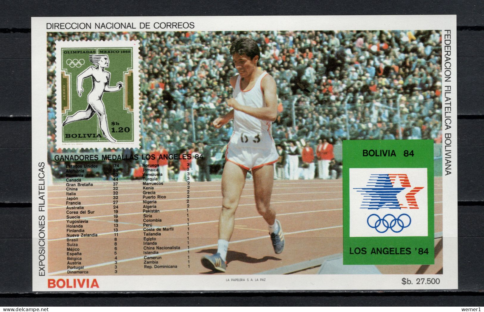 Bolivia 1985 Olympic Games Los Angeles, Athletics S/s MNH - Zomer 1984: Los Angeles