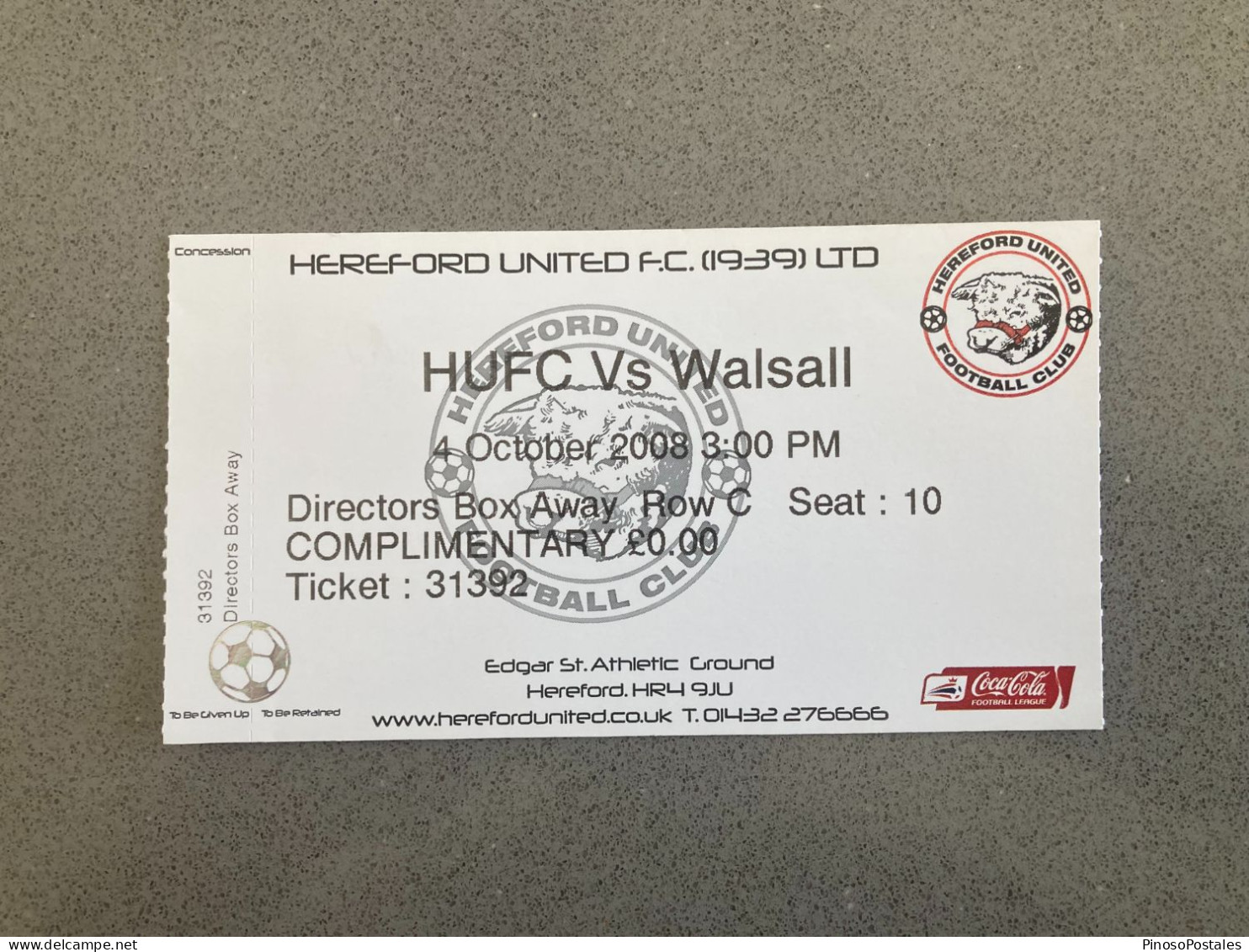 Hereford United V Walsall 2008-09 Match Ticket - Biglietti D'ingresso