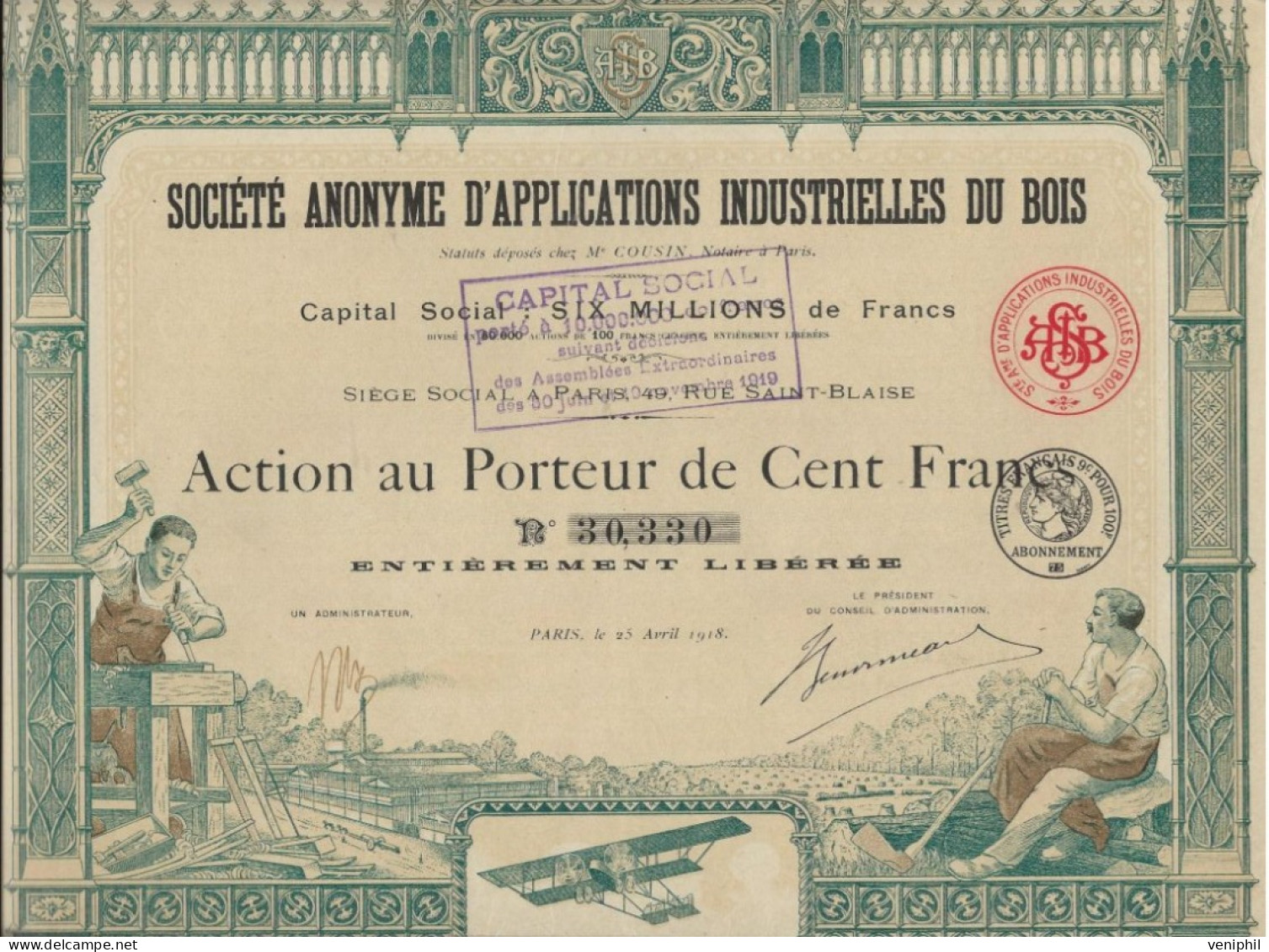 SOCIETE D'APPLICATIONS INDUSTRIELLES DU BOIS - ACTION ILLUSTREE DE CENT FRANCS - ANNEE 1918 - Industrie