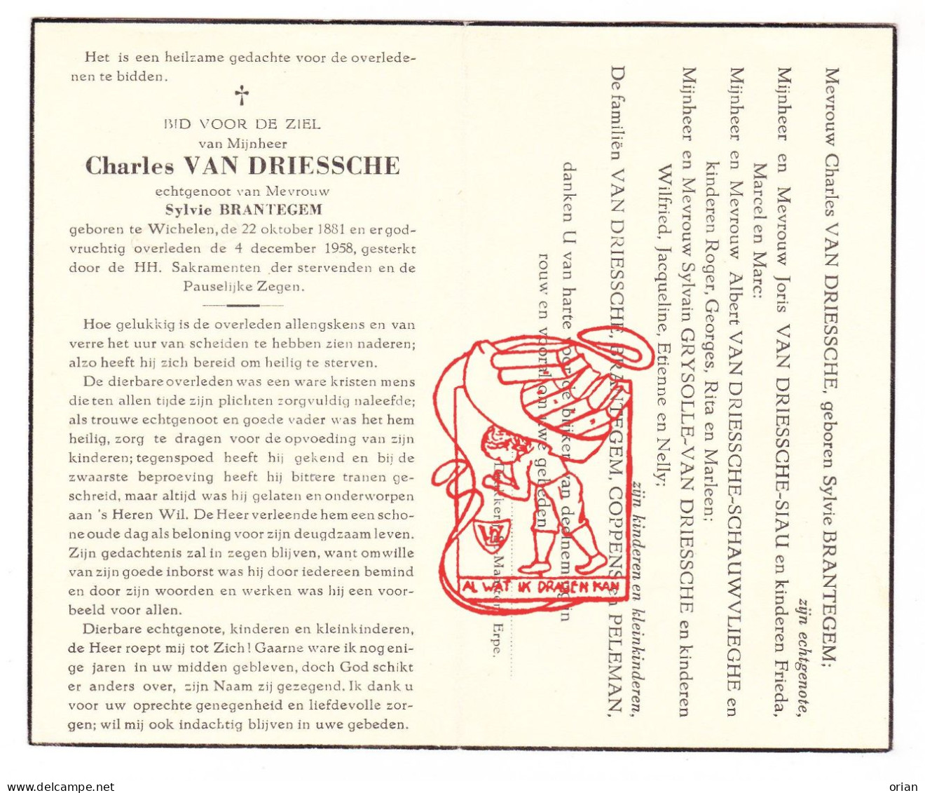 DP Charles Van Driessche ° Wichelen 1881 † 1958 X Sylvie Brantegem // Siau Schauwvlieghe Grysolle Peleman Coppens - Imágenes Religiosas