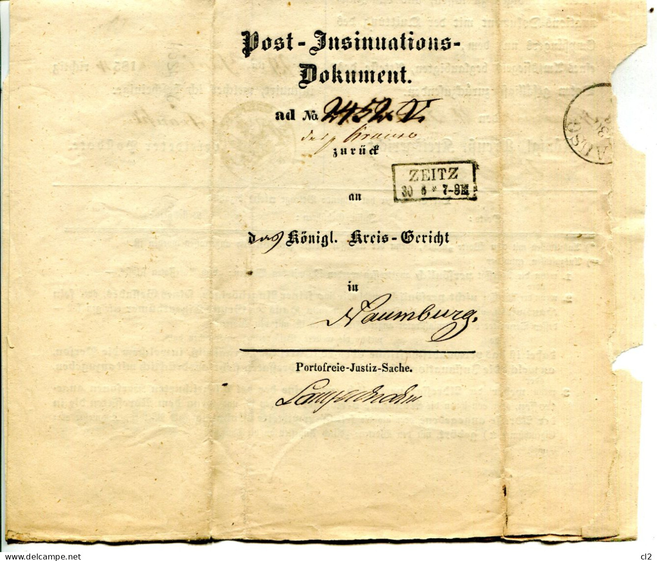 PRUSSE - 30.6.1854 - Post-Insinuations-Dokument - ZEITZ Nach NAUMBURG (voir Description) - Storia Postale