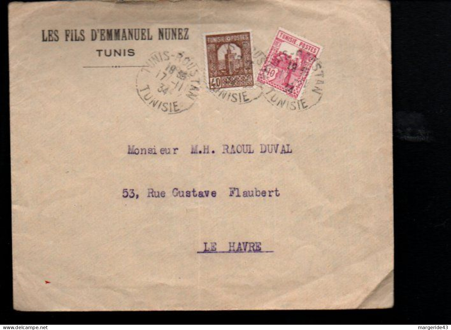 TUNISIE AFFRANCHISSEMENT COMPOSE SUR LETTRE POUR LA FRANCE 1934 - Covers & Documents