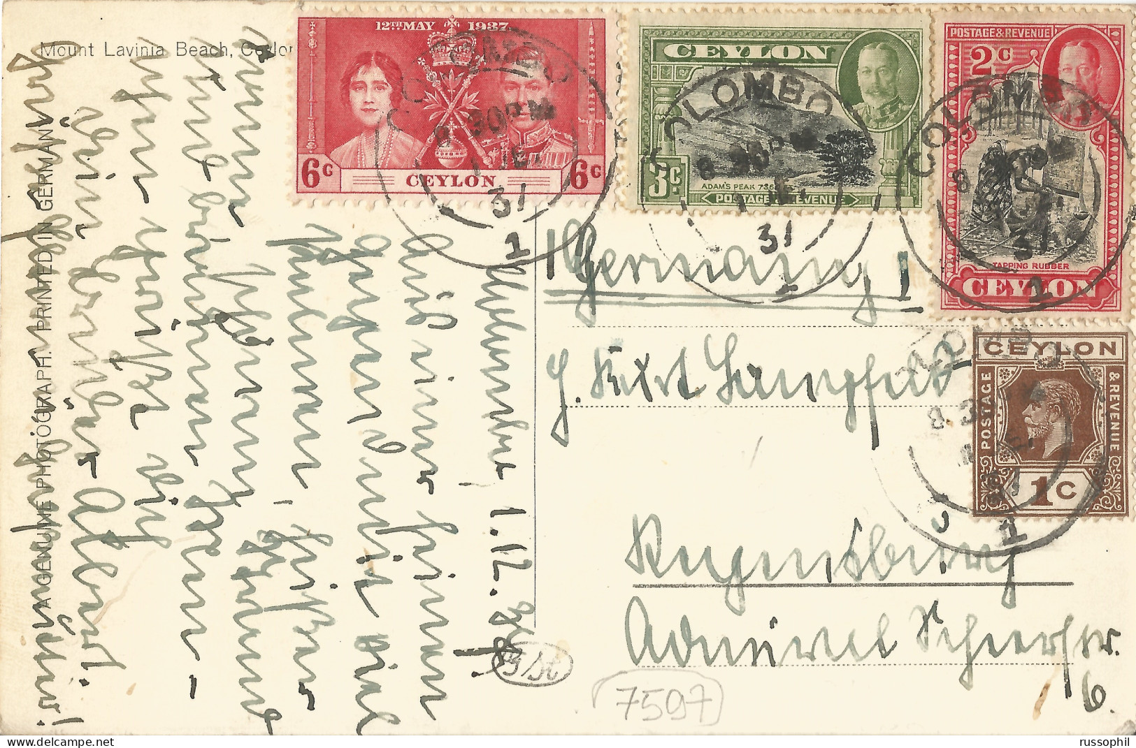 CEYLON – 4 STAMP 12 C. FRANKING ON PC (MOUNT LAVINIA BEACH) FROM COLOMBO TO GERMANY – 1937 - Ceylan (...-1947)
