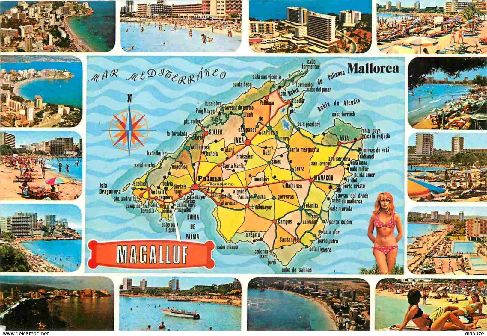 Espagne - Espana - Islas Baleares - Mallorca - Magalluf - Multivues - Carte Géographique - Femme En Maillot De Bain - CP - Mallorca