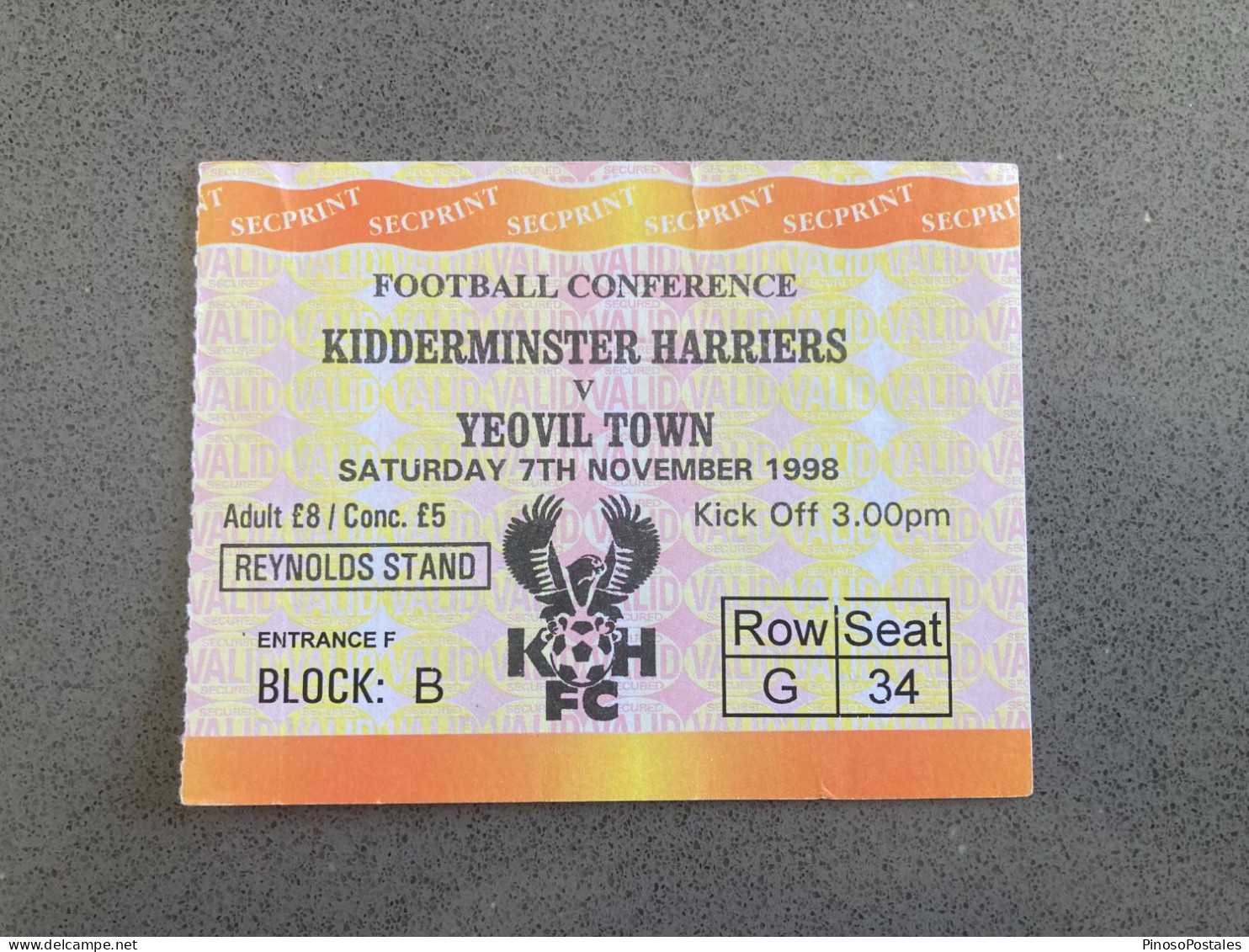 Kidderminster Harriers V Yeovil Town 1998-99 Match Ticket - Eintrittskarten