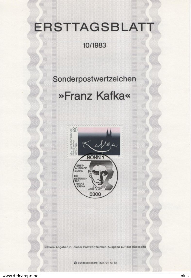 Germany Deutschland 1983-10 Franz Kafka, Bohemian Jewish Novelist Writer Czeckia, Canceled In Bonn - 1981-1990