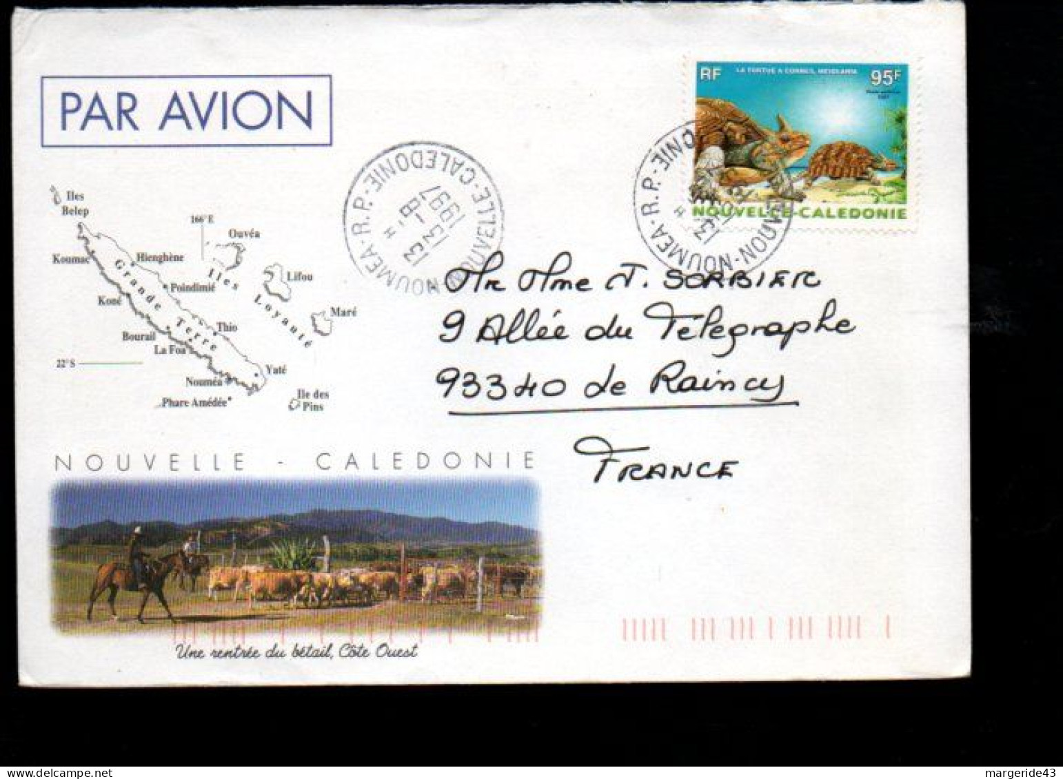 NOUVELLE CALEDONIE SEUL SUR LETTRE AVION POUR LA FRANCE 1997 - Cartas & Documentos