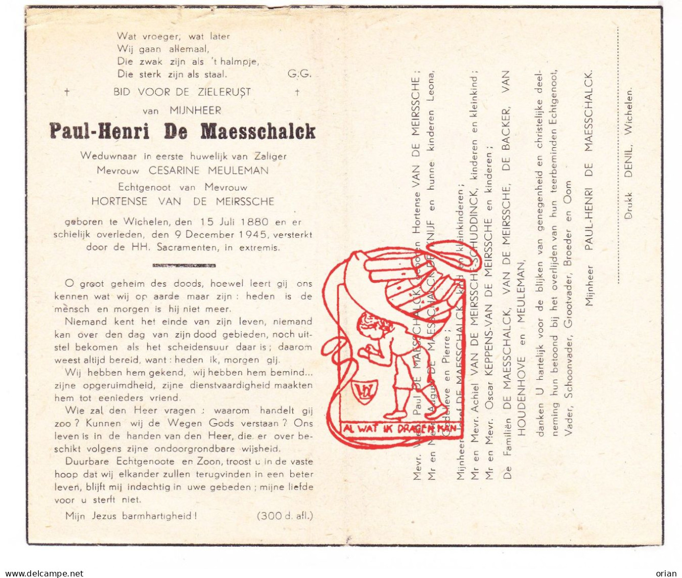 DP Paul Henri De Maesschalck ° Wichelen 1880 † 1945 Meuleman Van De Meirssche De Knijf Schuddinck Keppens Van Houdenhove - Devotion Images