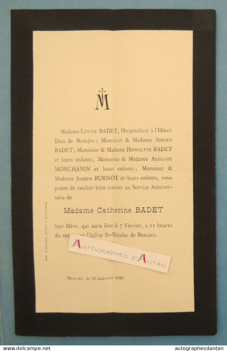 ● Décès Beaujeu 1889 Mme Catherine BADET - Monchanin / Burnot - Faire Part - Obituary Notices