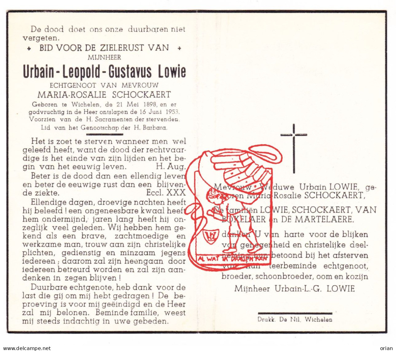 DP Urbain Leopold Lowie ° Wichelen 1898 † 1953 X Marie Rosalie Schockaert // Van Boxelaer De Martelaere - Imágenes Religiosas