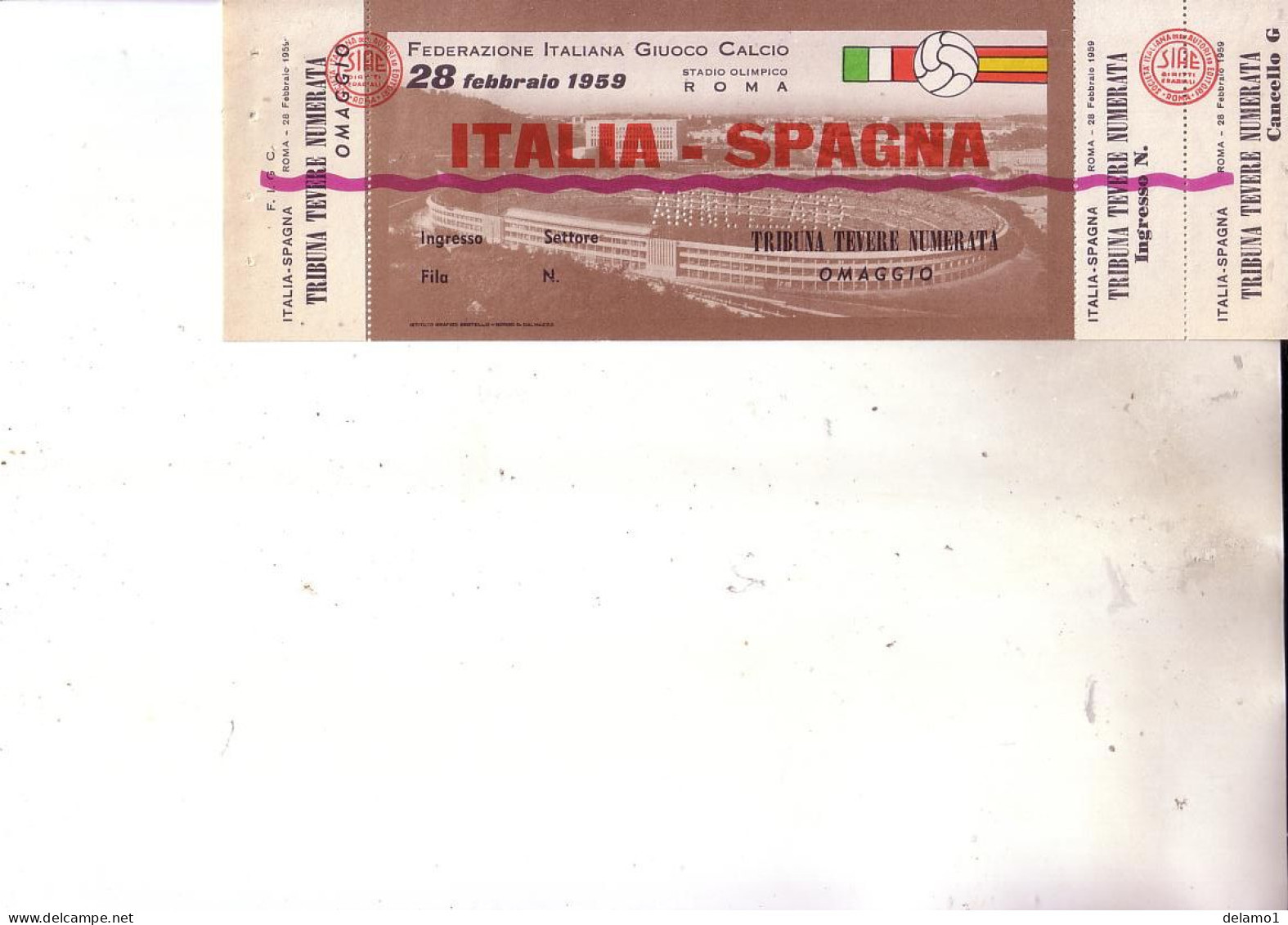 Naz. Di Calcio Italiane-- ROMA --. Biglietto Originale Incontro -- ITALIA -- SPAGNA  - 28 Febbraio 1959 - Habillement, Souvenirs & Autres