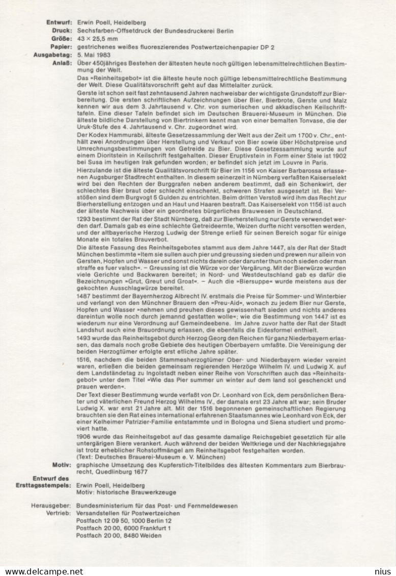 Germany Deutschland 1983-11 Über 450 Jahre Deutsches Reinheitsgebot Für Bier, Beer, Canceled In Bonn - 1981-1990