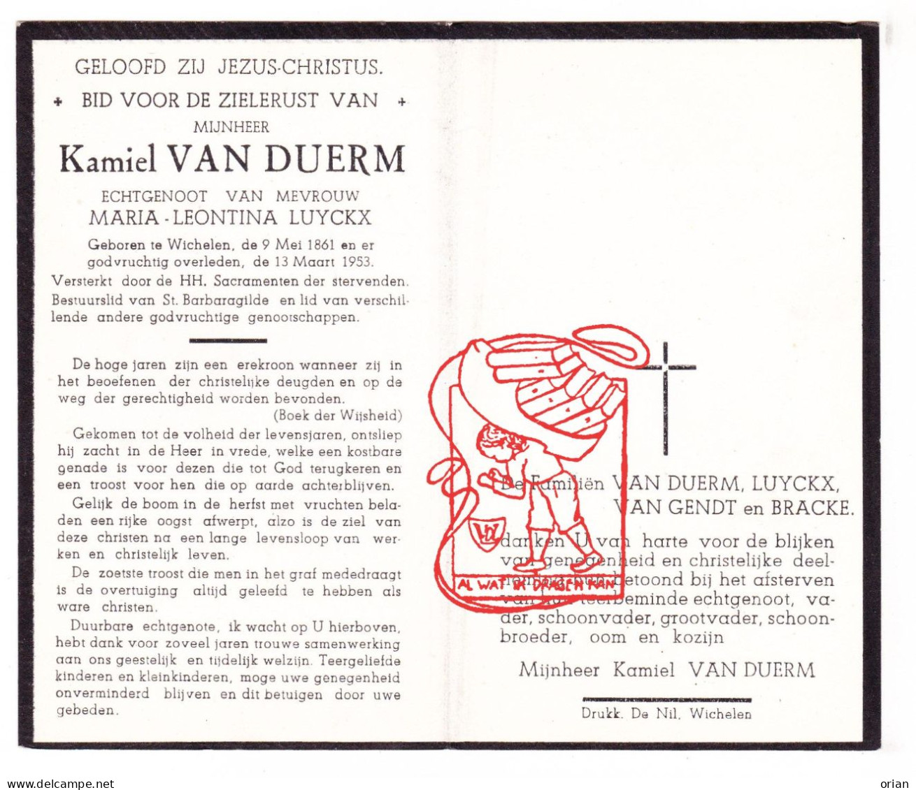 DP Kamiel Van Duerm ° Wichelen 1861 † 1953 X Maria Leontina Luyckx // Van Gendt Bracke - Images Religieuses