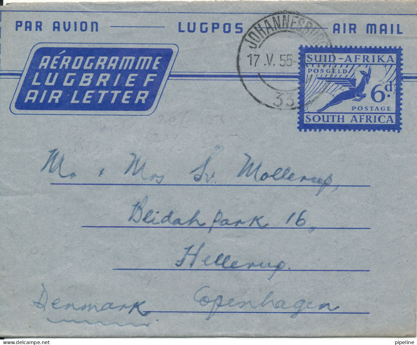 South Africa Aerogramme Sent To Denmark Johannesburg 17-5-1955 - Poste Aérienne