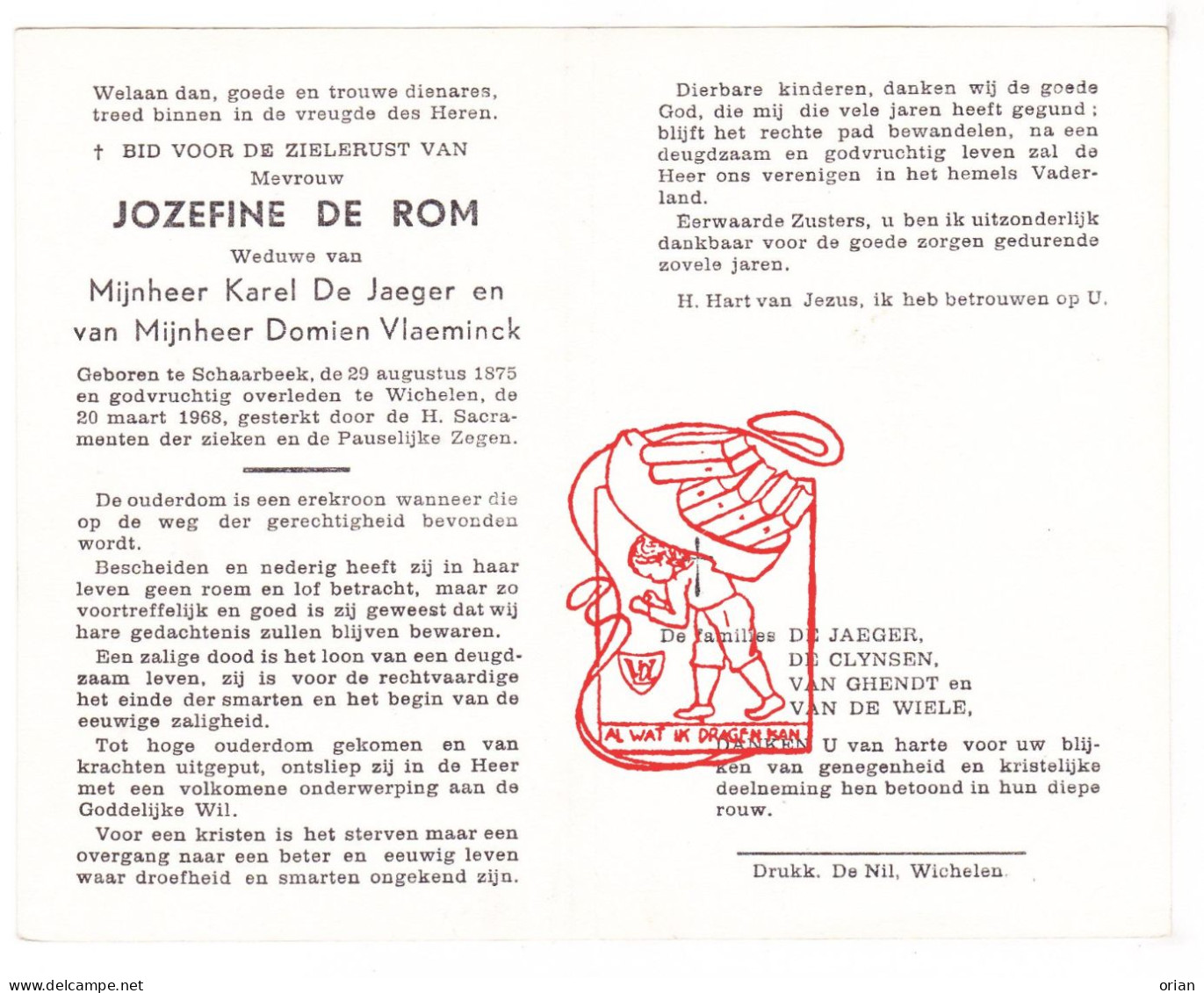 DP Jozefine De Rom ° Schaarbeek 1875 † Wichelen 1968 X K. De Jaegher Xx D. Vlaeminck // De Clynsen Van Ghendt Vandewiele - Imágenes Religiosas