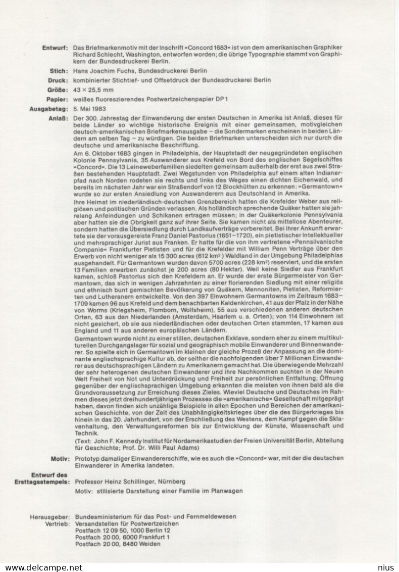 Germany Deutschland 1983-12 Einwanderung Der Ersten Deutschen In Amerika, German Immigration To America, Ship, Bonn - 1981-1990