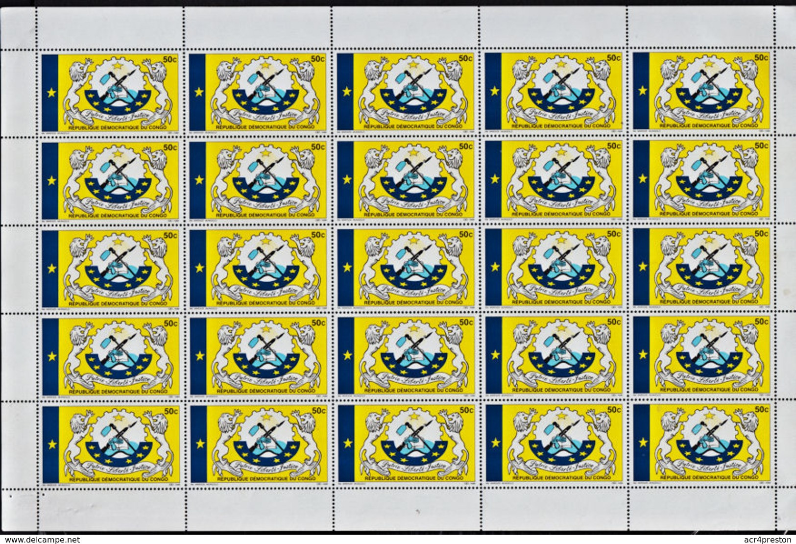 E0280 DR CONGO 1999, SG 1512  50c Independence, Coat Of Arms, Complete MNH Sheet Of 25 - Ongebruikt