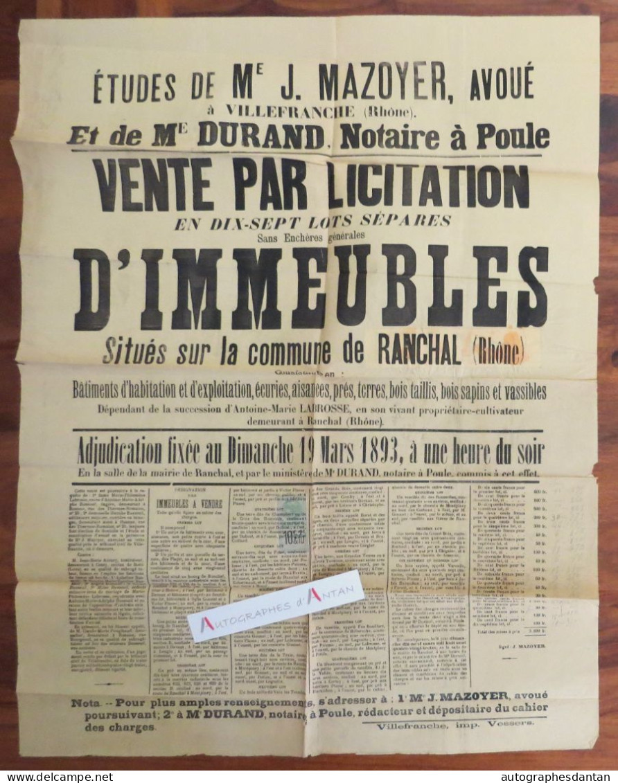 ● Affiche 1893 Vente Immeubles à Ranchal - Labrosse / Busseuil / Accary / Pongibaud - Me Mozoyer Durand à Poule - Timbre - Plakate