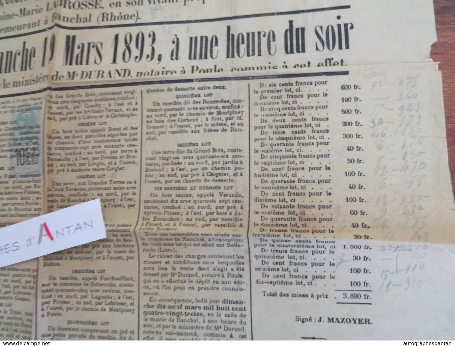 ● Affiche 1893 Vente Immeubles à Ranchal - Labrosse / Busseuil / Accary / Pongibaud - Me Mozoyer Durand à Poule - Timbre - Plakate