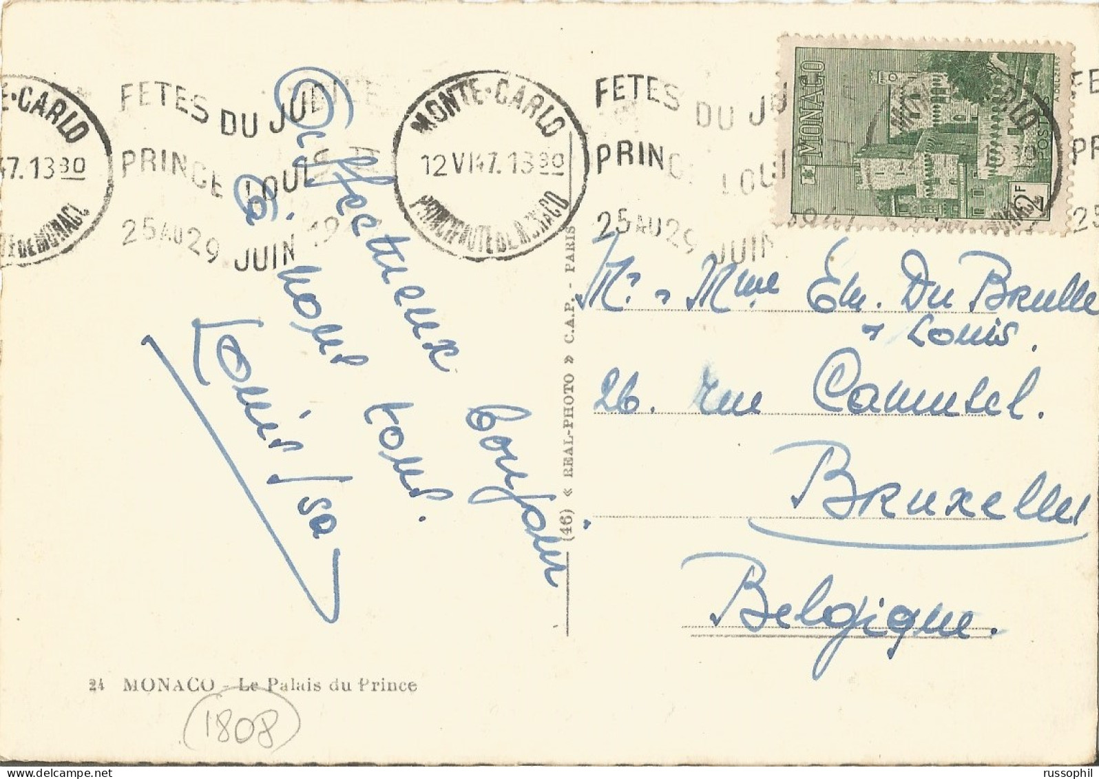 MONACO - "JUBILE 1947" KRAG DEPARTURE PMK CANCELLING Yv #277  ALONE  FRANKING PC (VIEW OF MONACO) TO BELGIUM - 1947 - Lettres & Documents