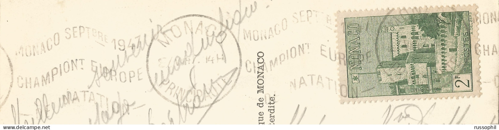 MONACO - "NATATION 1947" DEPARTURE KRAG PMK CANCELLING Yv #277  ALONE  FRANKING PC (VIEW OF MONACO) TO BELGIUM - 1947 - Cartas & Documentos