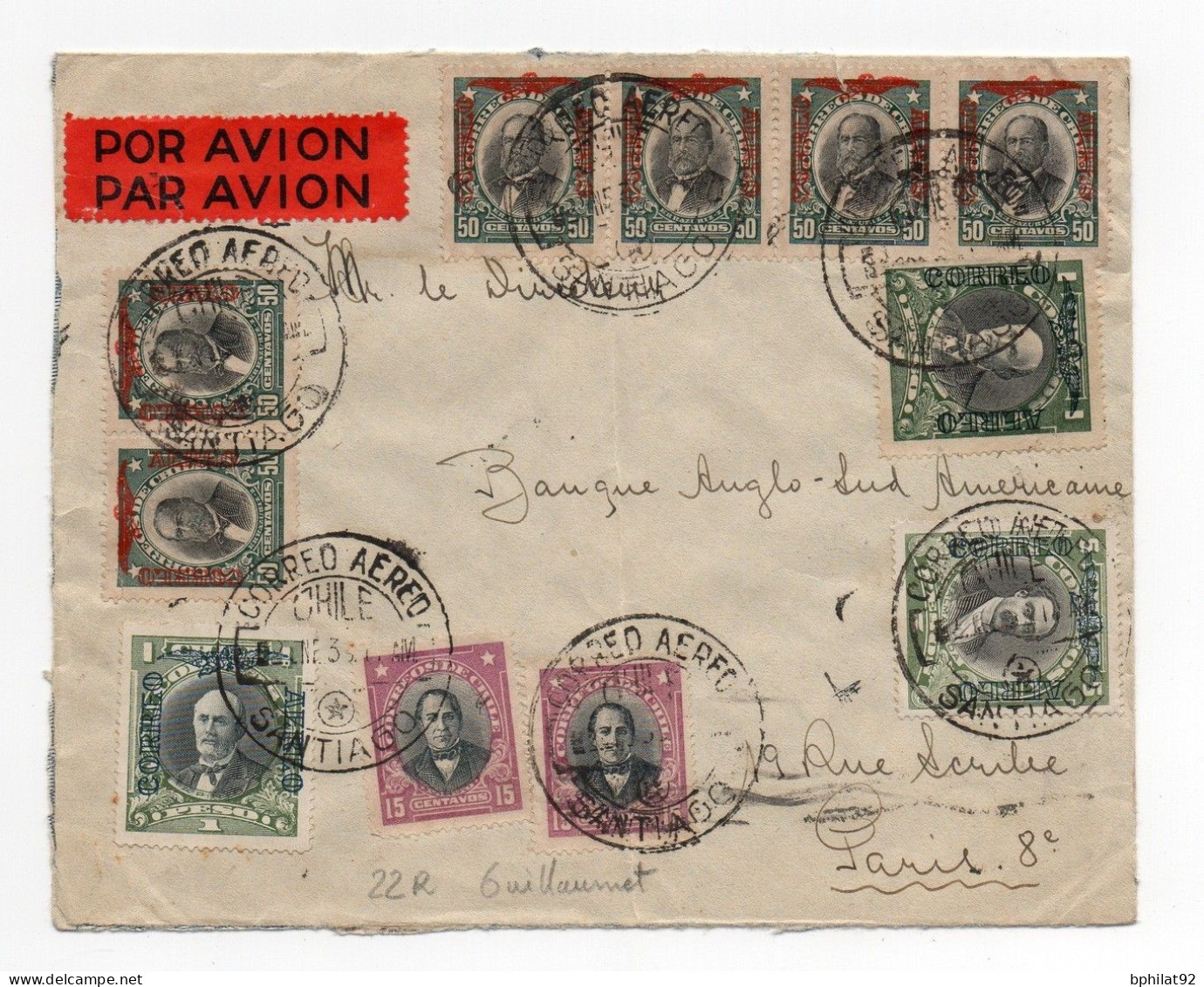 !!! 22E VOYAGE RETOUR DE GUILLAUMET, LETTRE PAR AVION DE SANTIAGO POUR PARIS DU 2/1/1930 - 1927-1959 Cartas & Documentos