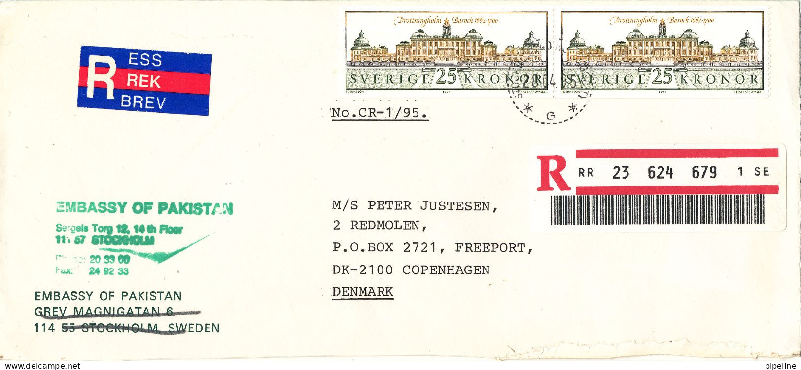 Sweden Registered Cover Sent To Denmark 21-4-1995 (sent From The Embassy Of  Pakistan Stockholm) - Cartas & Documentos