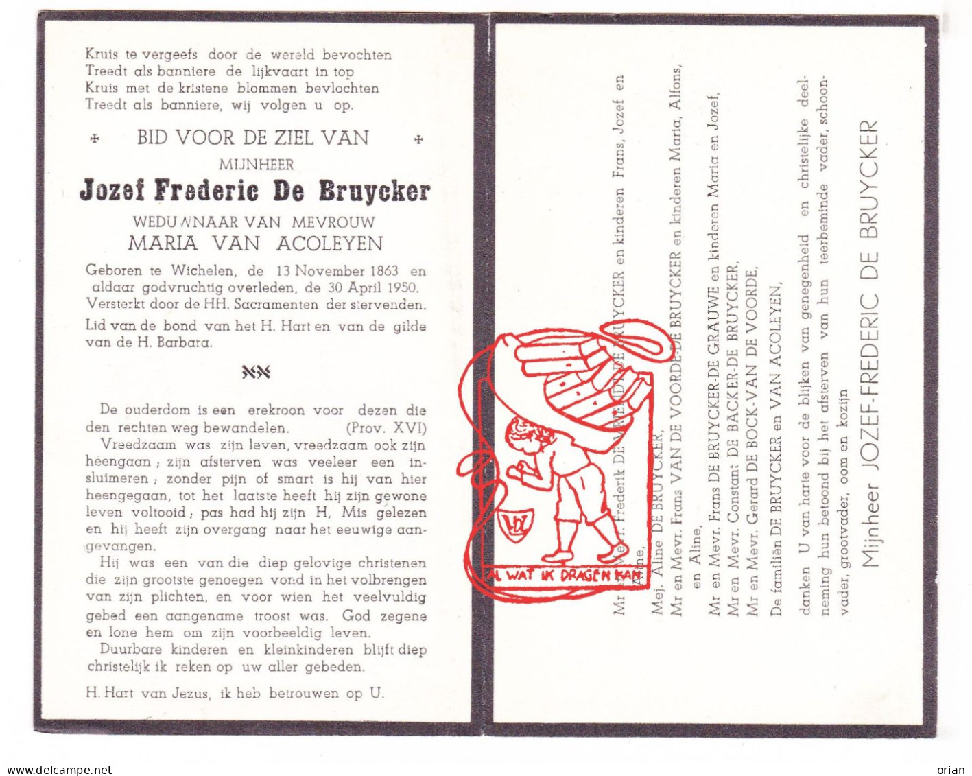 DP Jozef Frederic De Bruycker ° Wichelen 1863 † 1950 Van Acoleyen De Vriendt Van De Voorde De Grauwe De Bock De Backer - Devotion Images