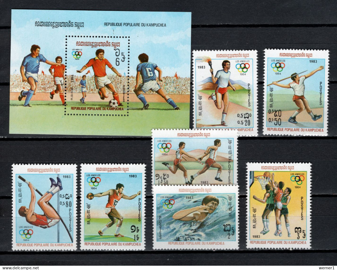 Cambodia 1983 Olympic Games Los Angeles, Football Soccer, Javelin, Swimming, Basketball Etc. Set Of 7 + S/s MNH - Summer 1984: Los Angeles