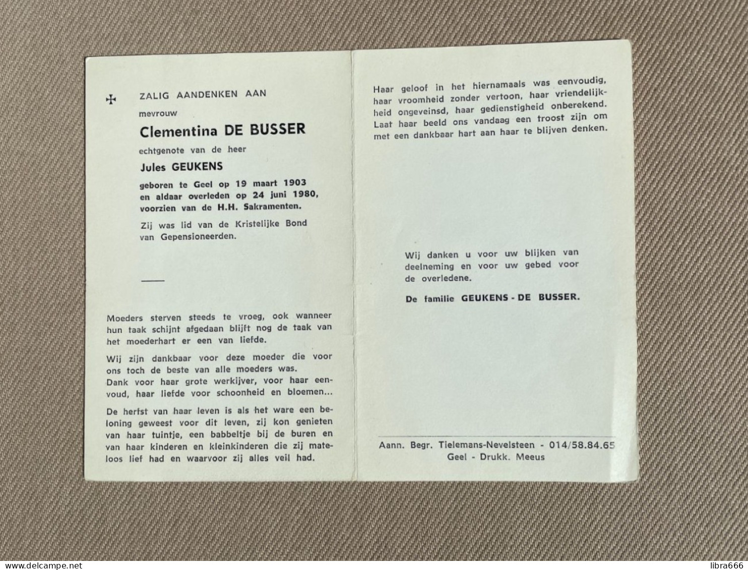 DE BUSSER Clementina °GEEL 1903 +GEEL 1980 - GEUKENS - Avvisi Di Necrologio