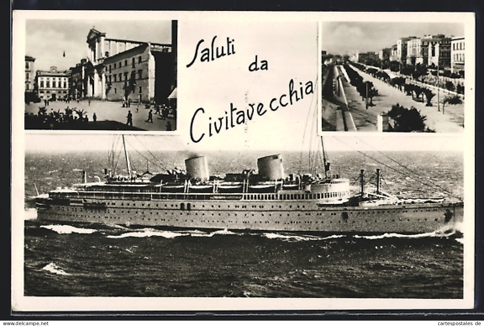 Cartolina Civitavecchia, Strassenpartie, Dampfer Auf Offener See  - Civitavecchia