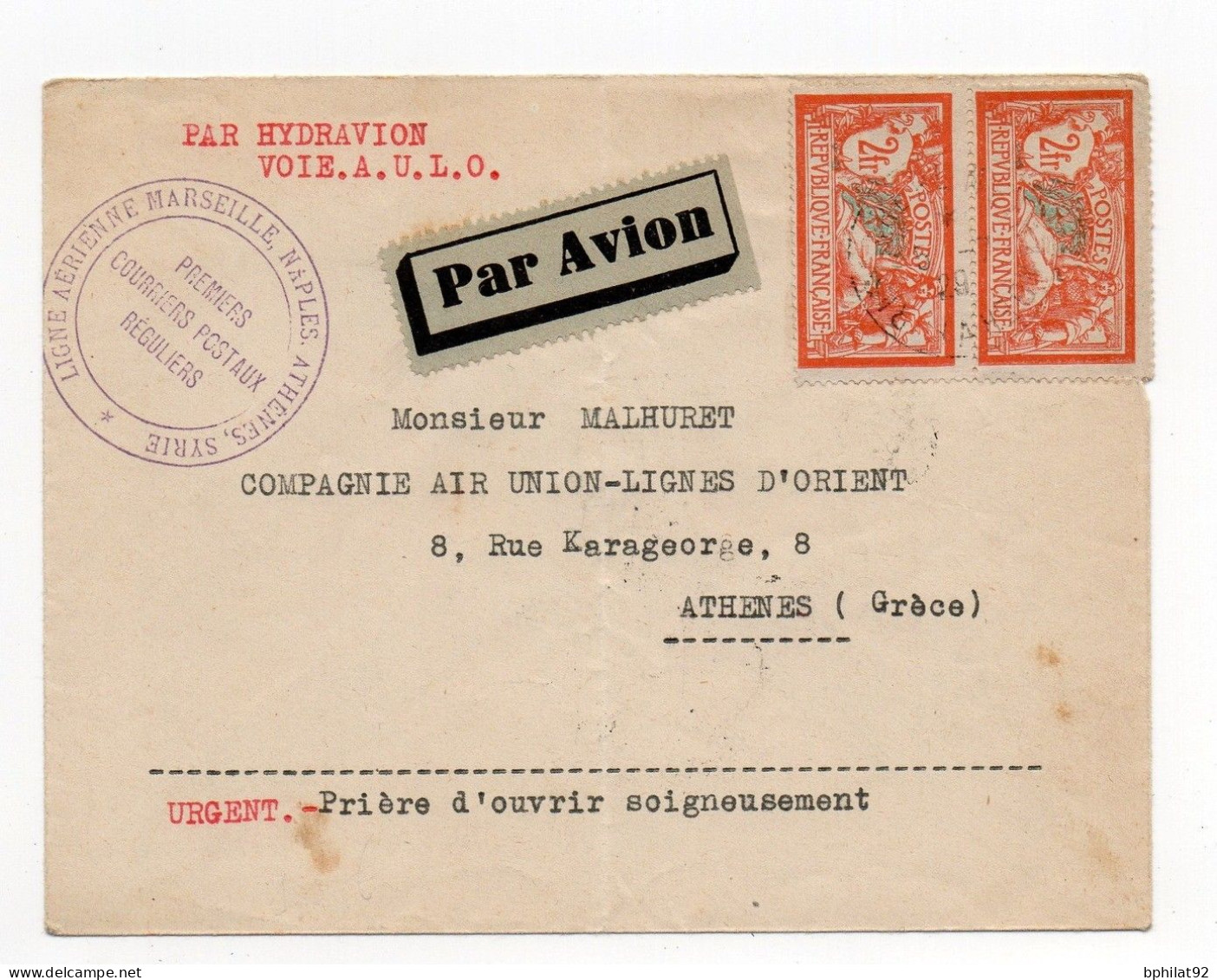 !!! LETTRE PAR AVION POUR ATHENES, PAR HYDRAVION VOIE A.U.L.O, CACHET 1ERS COURRIERS POSTAUX REGULIERS - 1927-1959 Cartas & Documentos