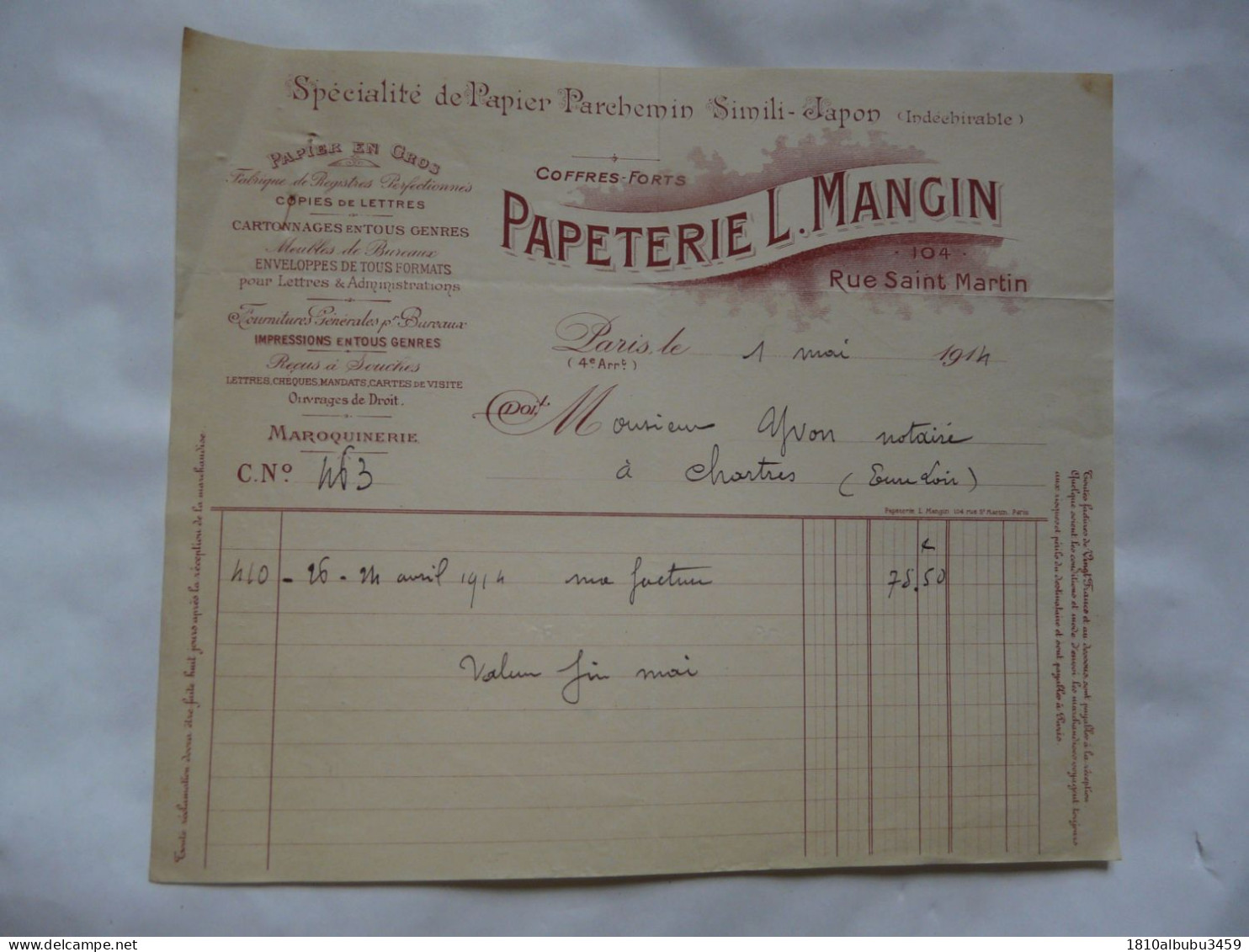 VIEUX PAPIERS - FACTURE : PAPETERIE L. MANGIN - Spécialité De Papier Parchemin Simili -Japon - Paris 1914 - 1900 – 1949