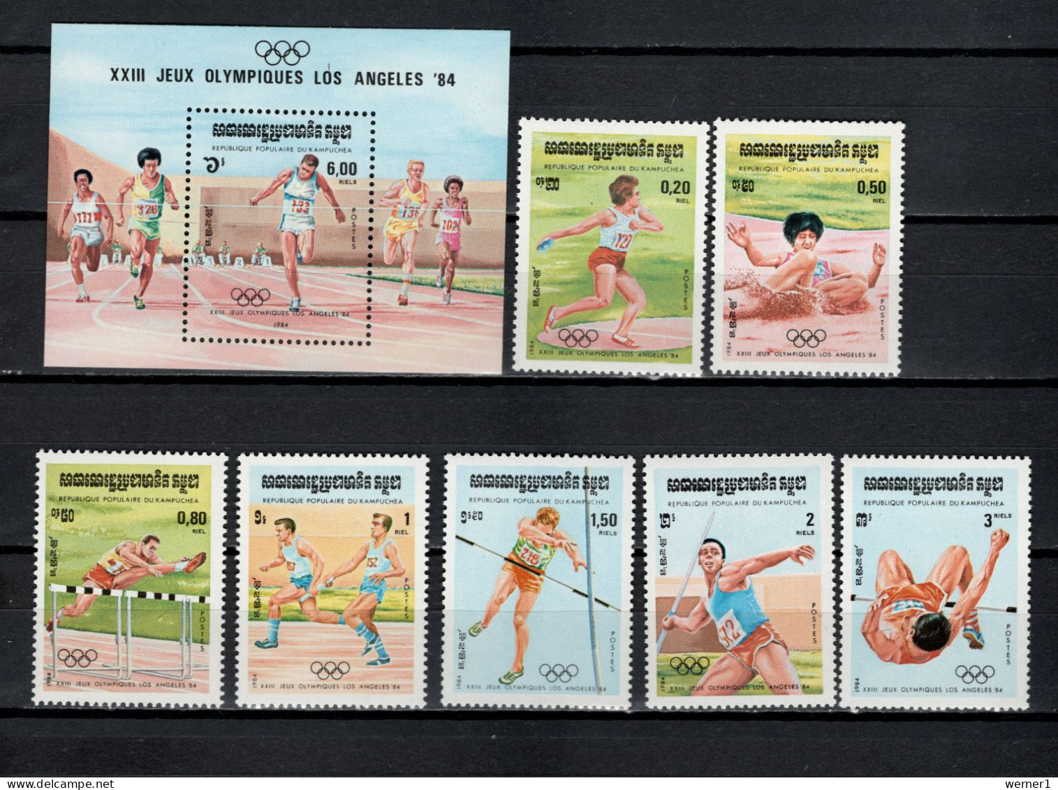 Cambodia 1984 Olympic Games Los Angeles, Athletics, Javelin, Hurdles Set Of 7 + S/s MNH - Verano 1984: Los Angeles