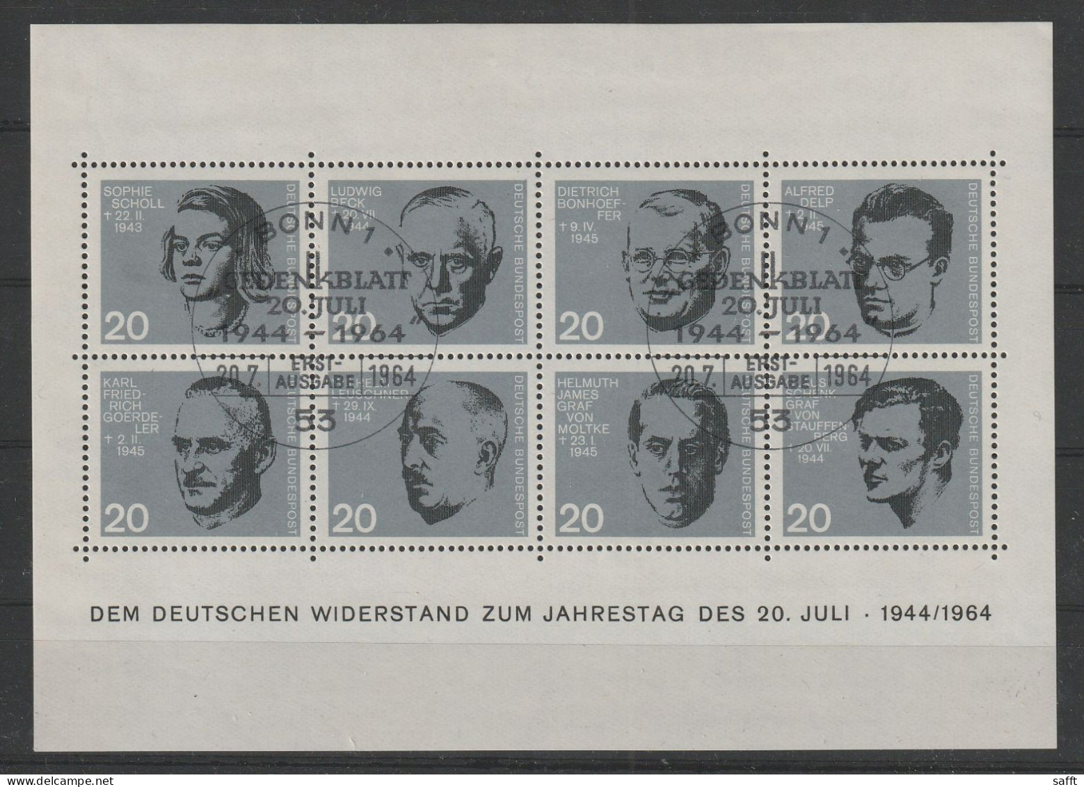 Bund Block 3 Mit Ersttagsstempel - Widerstandskämpfer 1964 - Oblitérés