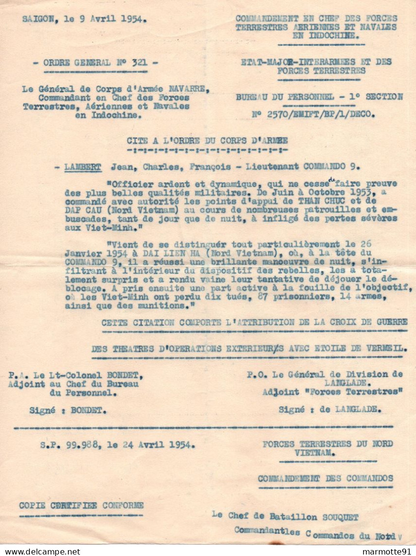 CITATION N°3  ORDRE DU CORPS D ARMEE LIEUTENANT LAMBERT COMMANDO 9 INDOCHINE 1954 TEO ETOILE VERMEIL - Documentos