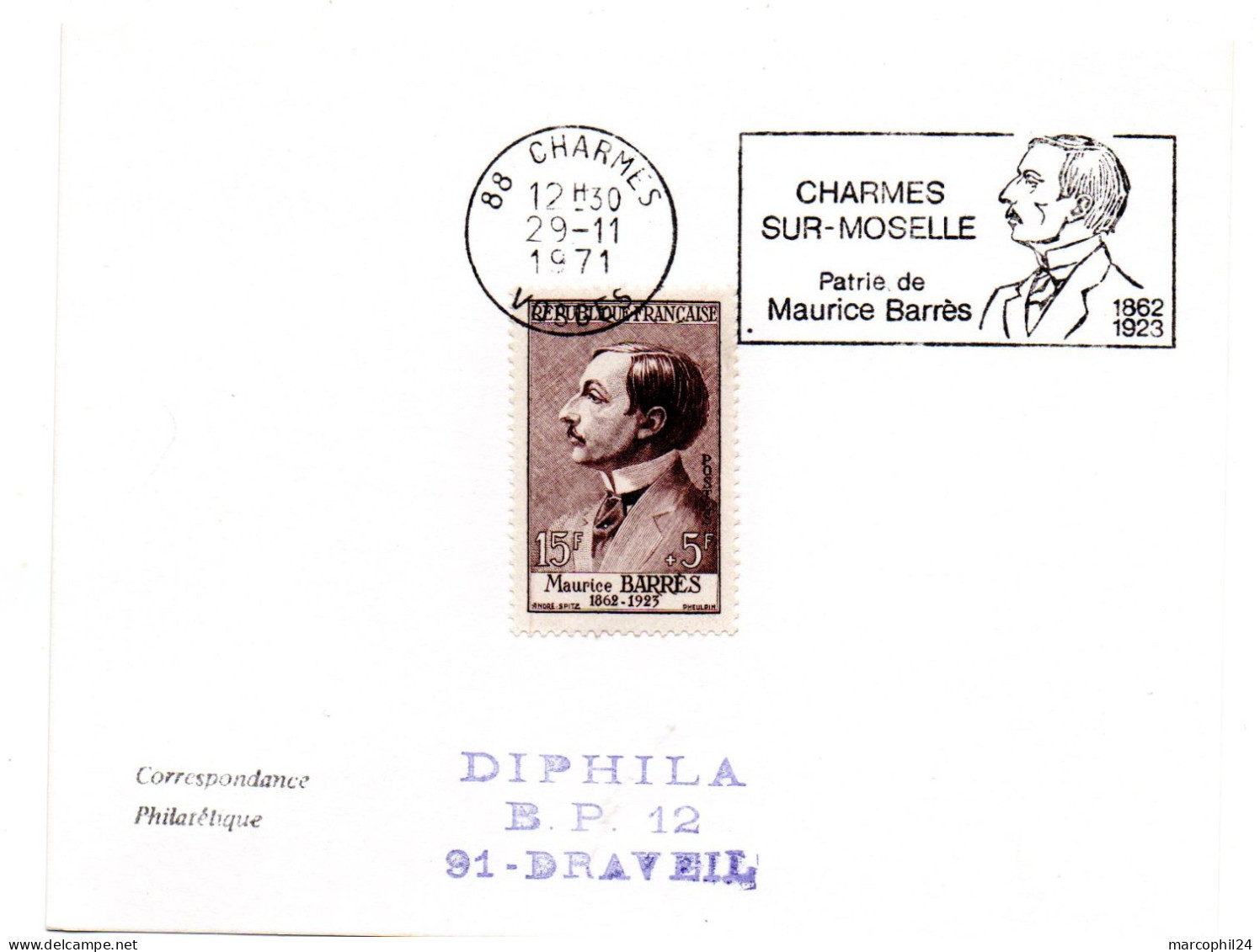 ECRIVAIN / Maurice BARRES = 88 CHARMES 1971 = FLAMME CONCORDANTE N° 1070 = SECAP  Illustrée  ' PATRIE' - Escritores