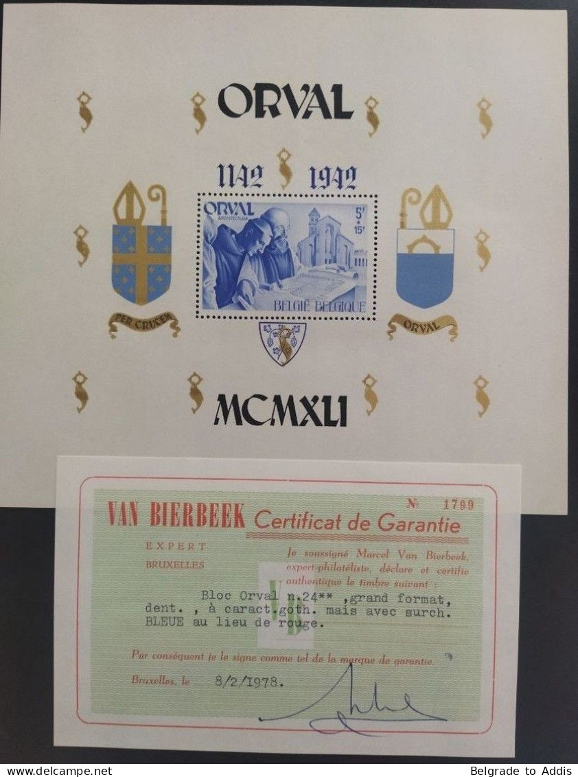 Belgique COB BL24 ERREUR Feuillet Orval Surcharge Bleue Au Lieu De Rouge 1942 MNH / ** Signé + Certificat Van Bierbeek - 1924-1960