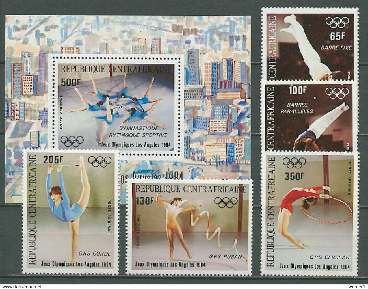 Central Africa 1984 Olympic Games Los Angeles, Gymnastics Set Of 5 + S/s MNH - Sommer 1984: Los Angeles