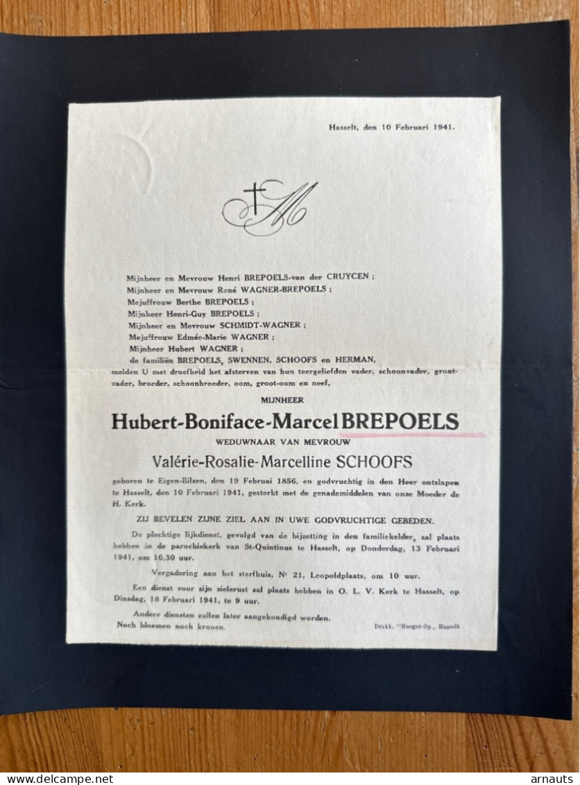 Mr Hubert Brepoels Wed Schoofs Valerie *1856 Eigen Bilzen +1941 Hasselt Schoofs Herman Van Der Cruycen Wagner Schmidt - Todesanzeige