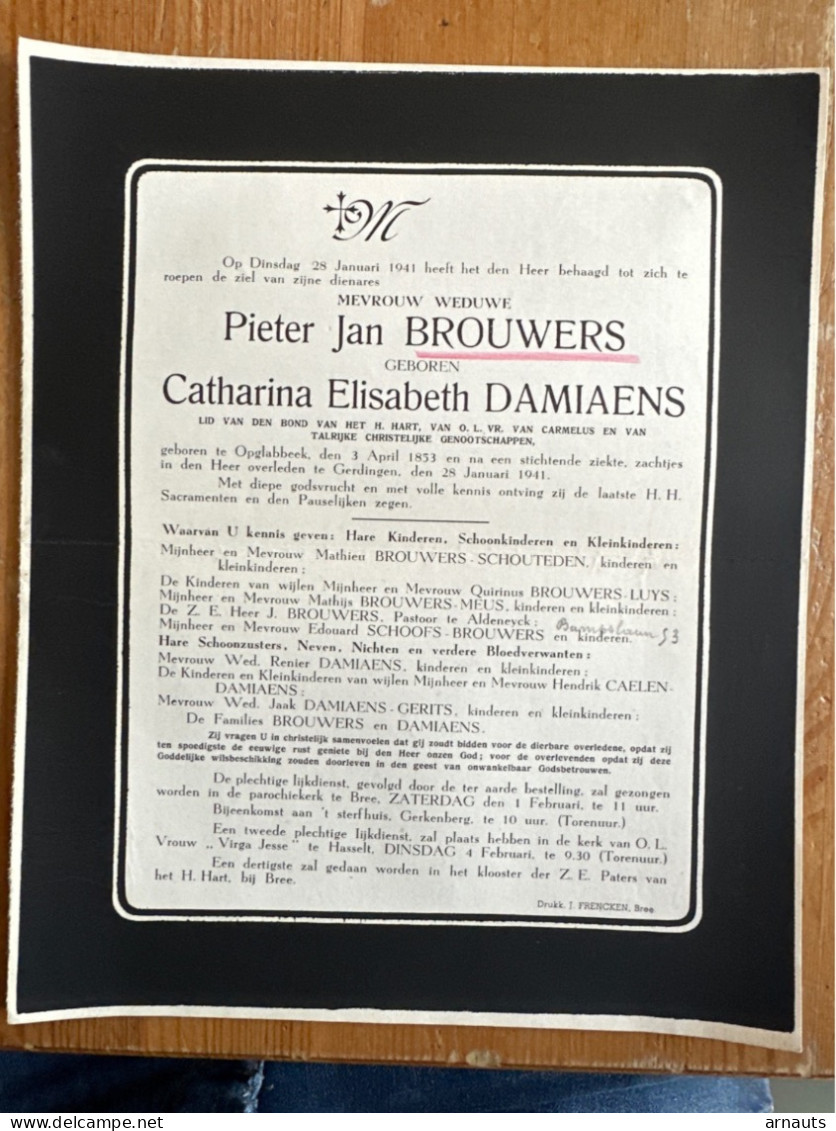 Weduwe Pieter Jan Brouwers Geb Catherina Elisabeth Damiaens *1853 Opglabbeek +1941 Gerdingen Bree Schouteden Aldeneik - Obituary Notices