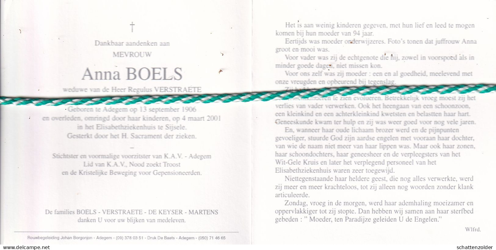 Anna Boels-Verstraete, Adegem 1906, Sijsele 2001. Foto - Todesanzeige