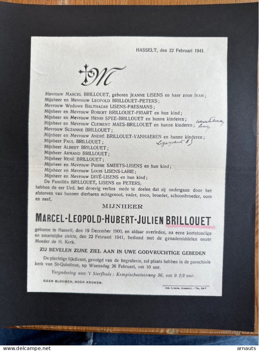 Marcel Brillouet *1900 Hasselt +1941 Hasselt Lisens Paesmans Spee Maes Vanhaeren Smeets Labie Dive Peters - Todesanzeige