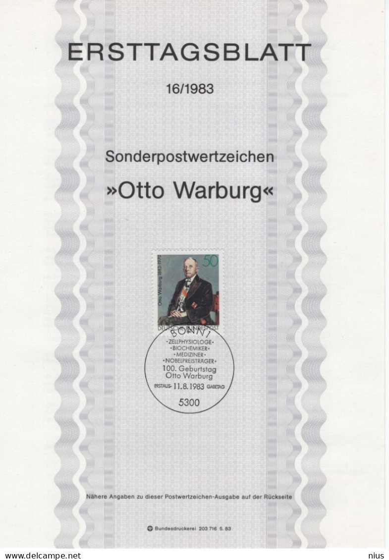 Germany Deutschland 1983-16 Otto Warburg, German Physiologist, Medical Doctor Medicine, Nobel Laureate, Canceled In Bonn - 1981-1990