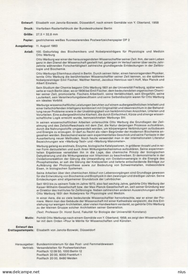 Germany Deutschland 1983-16 Otto Warburg, German Physiologist, Medical Doctor Medicine, Nobel Laureate, Canceled In Bonn - 1981-1990