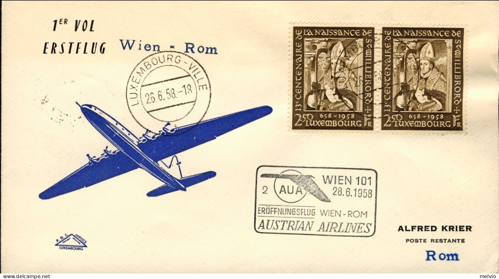 1958-Luxembourg Lussemburgo Cat.Pellegrini N.863 Euro 85, I^volo AUA 2 Vienna Ro - Cartas & Documentos