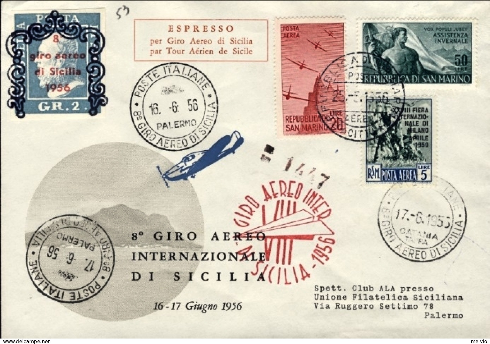 San Marino-1956 Cat.Pellegrini N.680 Euro80, 8^ Giro Aereo Internaz. Sicilia+vig - Luftpost